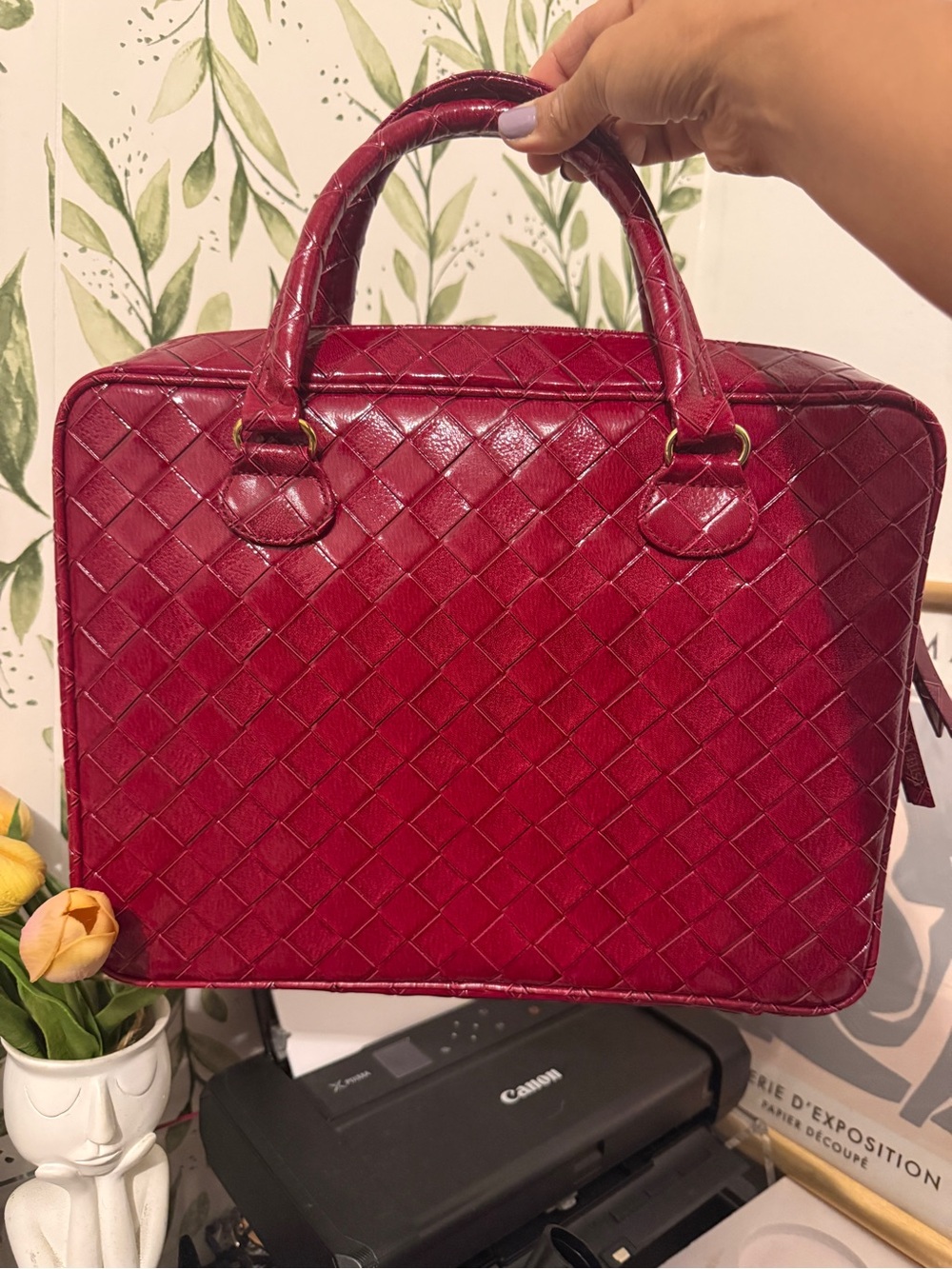 Estee Lauder Woven Burgundy Leather Top-Handle Bag